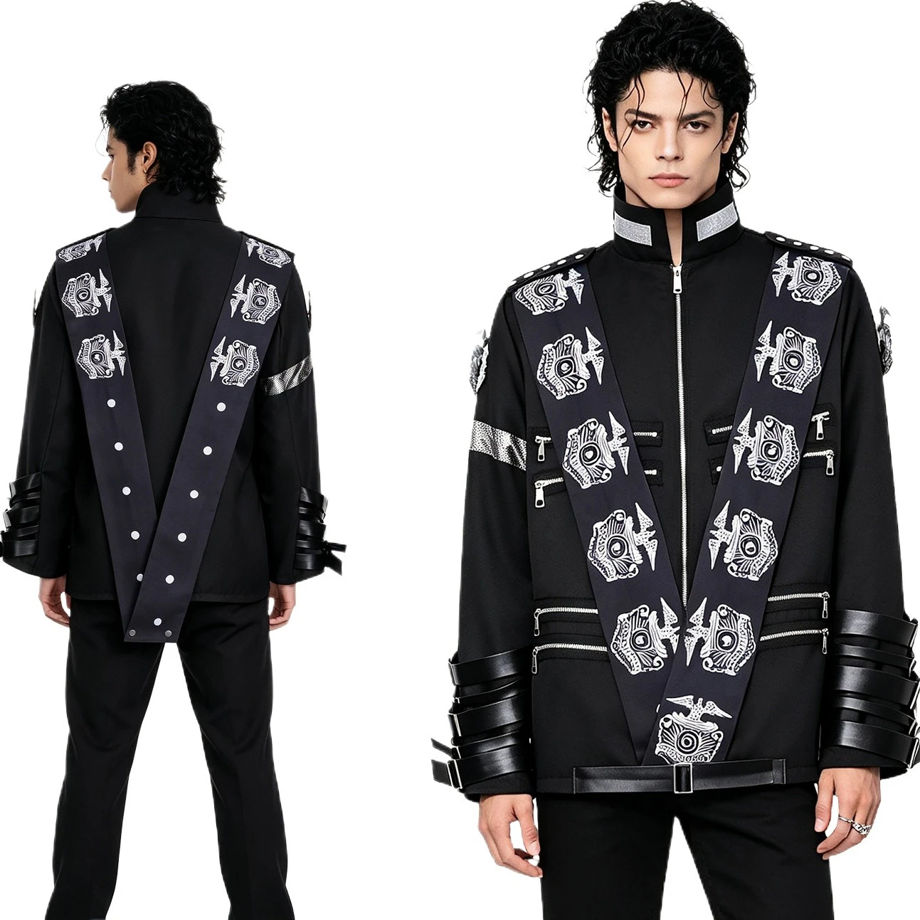 Chaqueta de cuero de cosplay de MJ Michael, estilo rockero de superestrella, con insignias y cintas, para hombre y mujer, trajes de escenario para Halloween, mismo estilo.