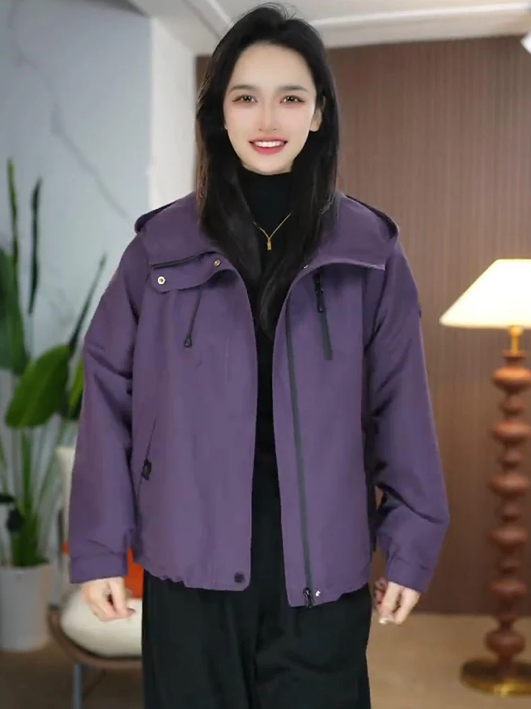 

Faionable Dstring Hooded ort Jaet Women's Loose Slimming Windbreaker Top Breathable Commute Sle Single Piece