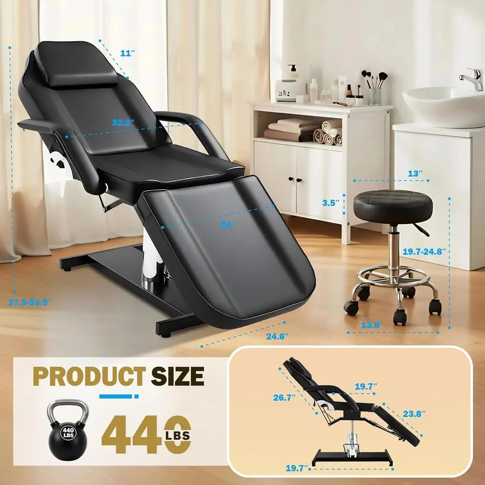 เตียงเสริมสวยไฮดรอลิกปรับระดับได้สำหรับช่างเสริมสวยและต่อขนตา พร้อมเก้าอี้หมุน