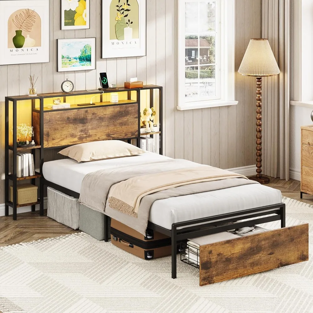 

Twin Bed Frame with 3-Tier Storage Shelves, Storage Drawer and Headboard, Twin Size Bed with Charging Station & LED Ligh