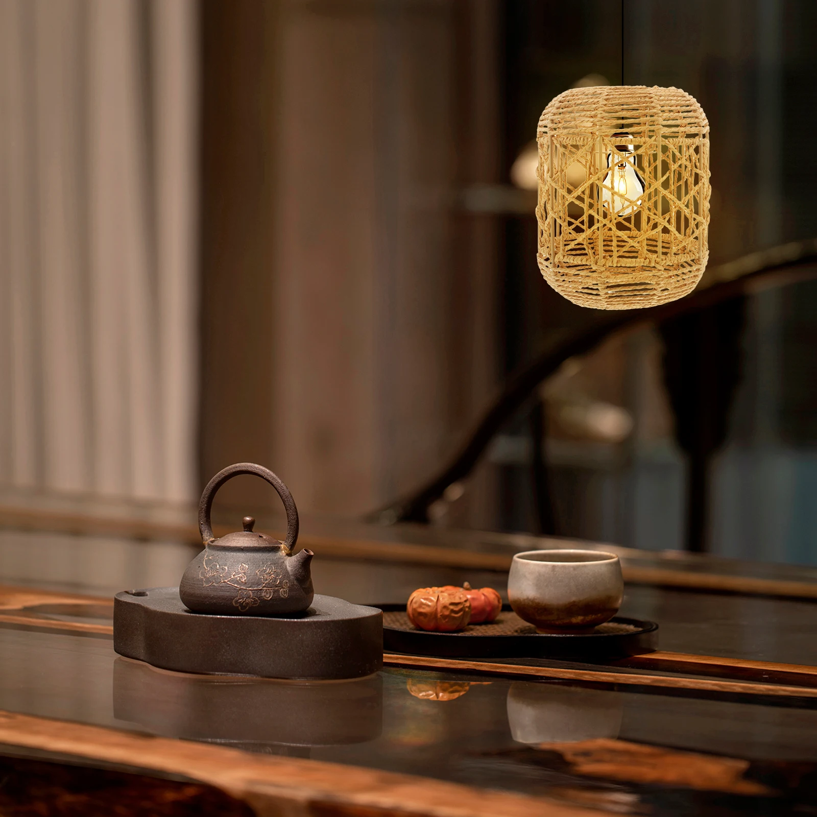 

Handmade Imitation Rattan Pendant Light Paper Rope Woven Lampshade Rustic Style for Living Room Tea Ceiling Light Cover