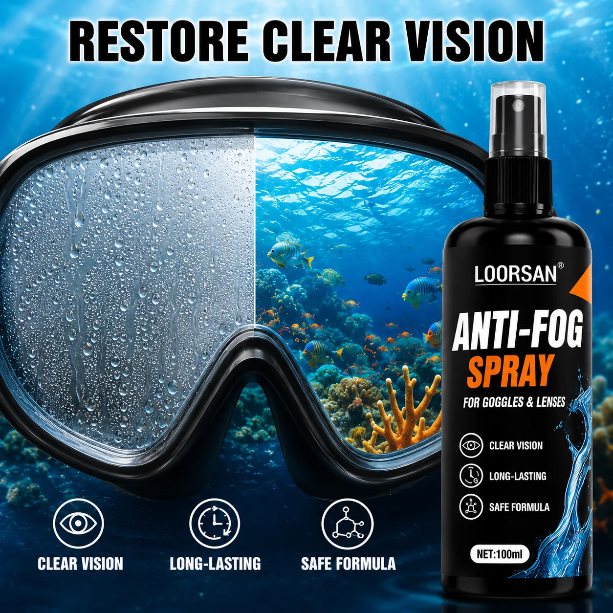 LOORSAN 100ml Anti Fog Spray for Swimming Goggles Diving Mask Snorkel & Scuba Long-Lasting Lens Cleaner Defogger