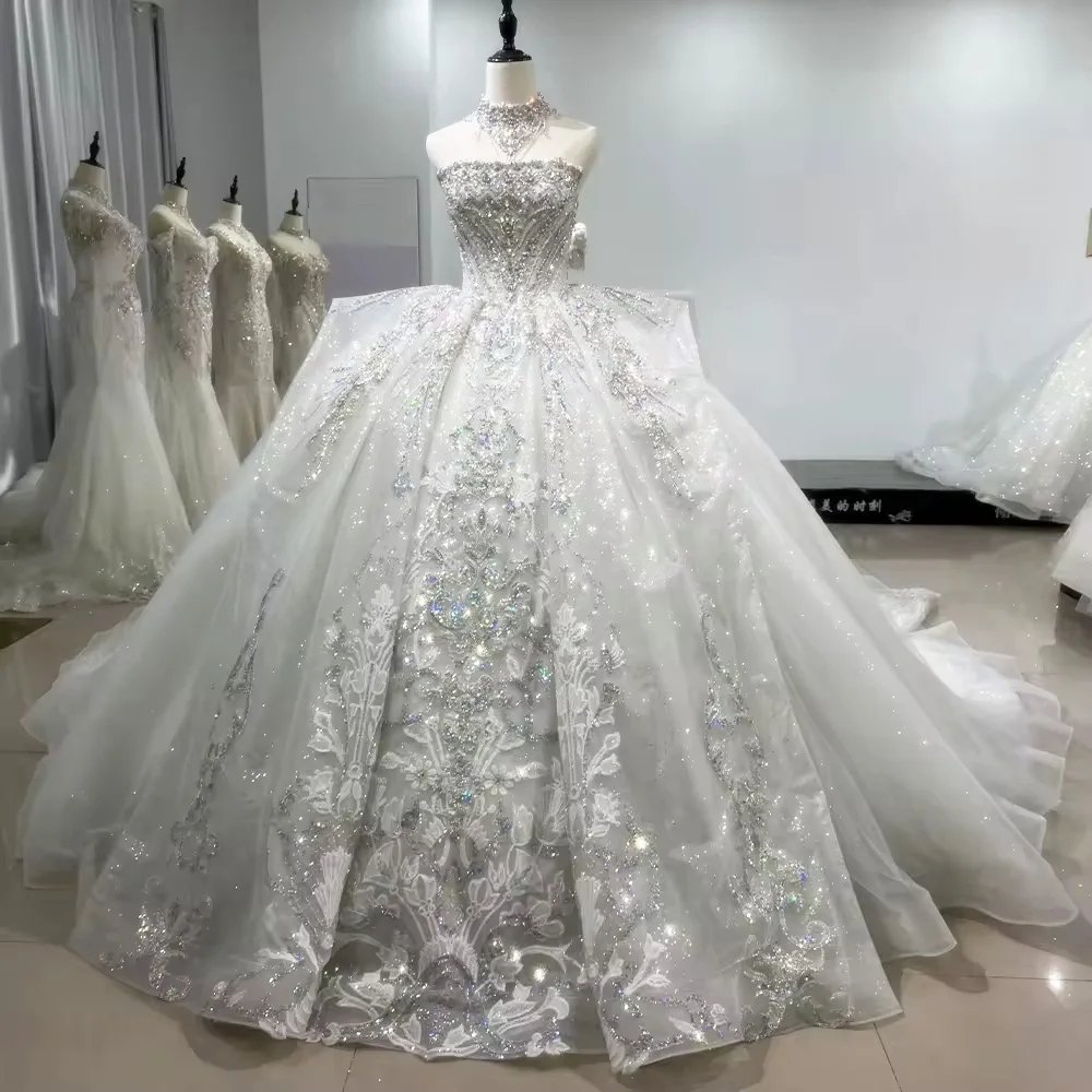 Robes De Mariée 2025 Strapless Wedding Dress Lace Up Back Beading Crystal Embroidery Sequined Customized Ball Gown Bridal Dress