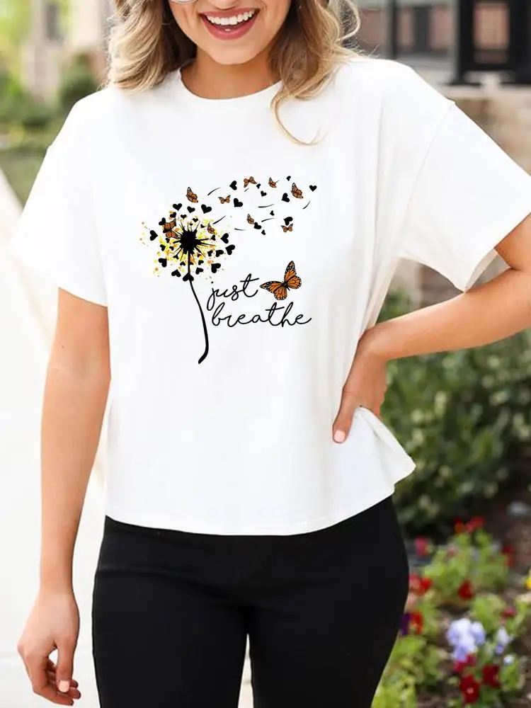 

Clothing Cartoon Fashion Lady Print Summer Dandelion Butterfly Trend Cute Tshirt Tee Women Casual T-Shirt Graphic T Top