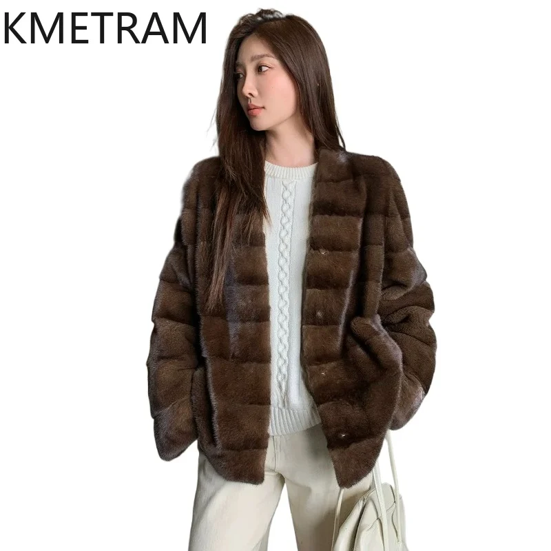 KMETRAM Real Purple‑Label Velvet Mink Fur Coat Woman Fashion Whole Mink Fur Jacket V‑Neck Winter Coats Women Clothing 68cm 2026