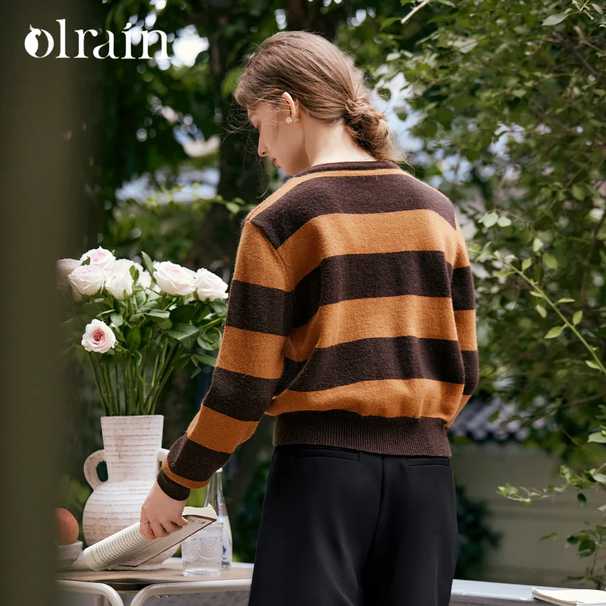 OLrain полосатый вязаный женский кардиган 2320, весенний французский винтажный свитер для поездок на работу, женский трикотаж, женская одежда N56QM93285