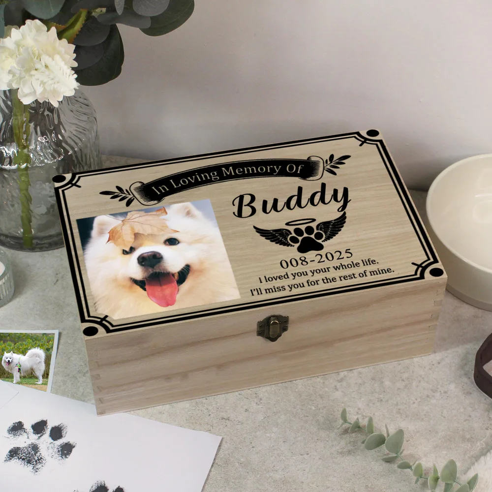 Custom Pet Wood Urn with Name Date and Text Personalised Wood Pet Urn/Ashes Casket with Photo Slot and Engraving Custom Pet Urn