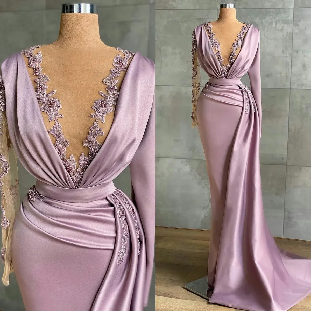 Elegante Deep-V Satin Abendkleider schiere Juwel Hals Perlen Meerjungfrau Ballkleider Party tragen Langarm Frauen Abendkleid