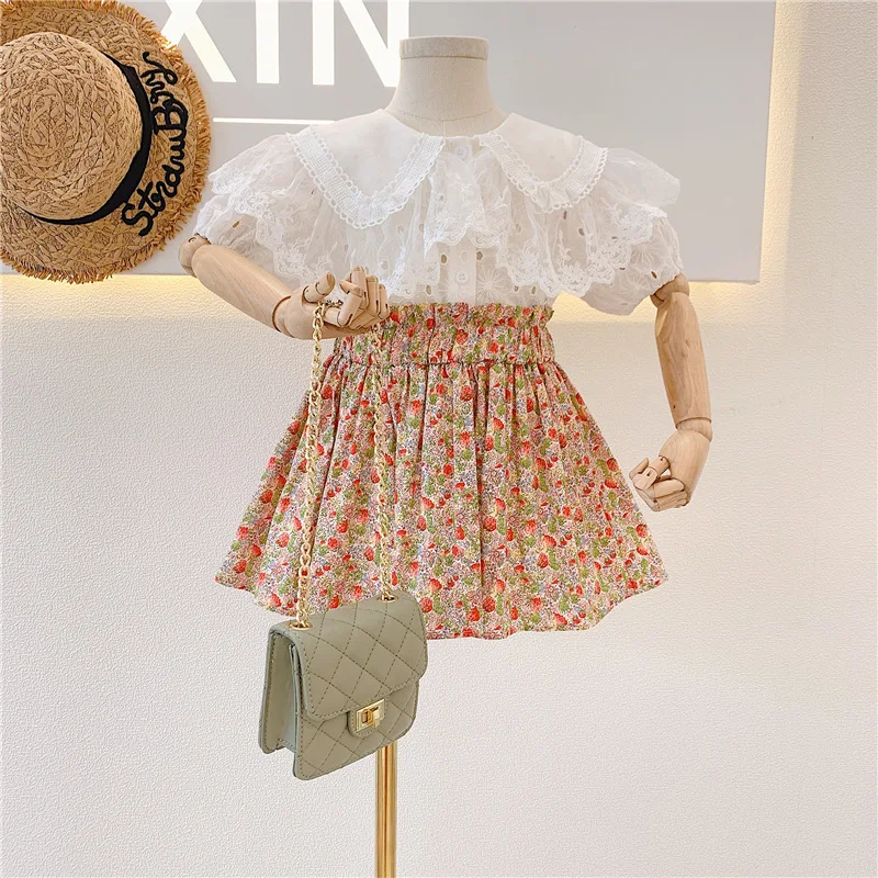 

Children's Clothing2026New Spring/Summer Girls' Lace Collar Top with Floral Print Short Skirt Set