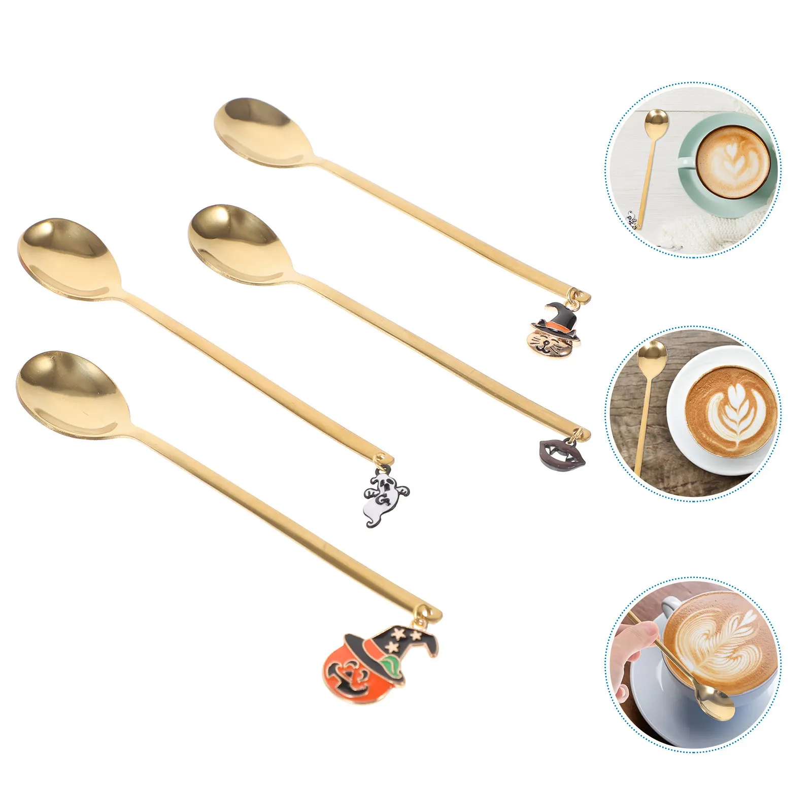 4Pcs Halloween Stainless Steel Dessert Spoons with Adorable Pendant Decor Smooth Easy-Clean Coffee Ice Cream Cake Mixing Serving