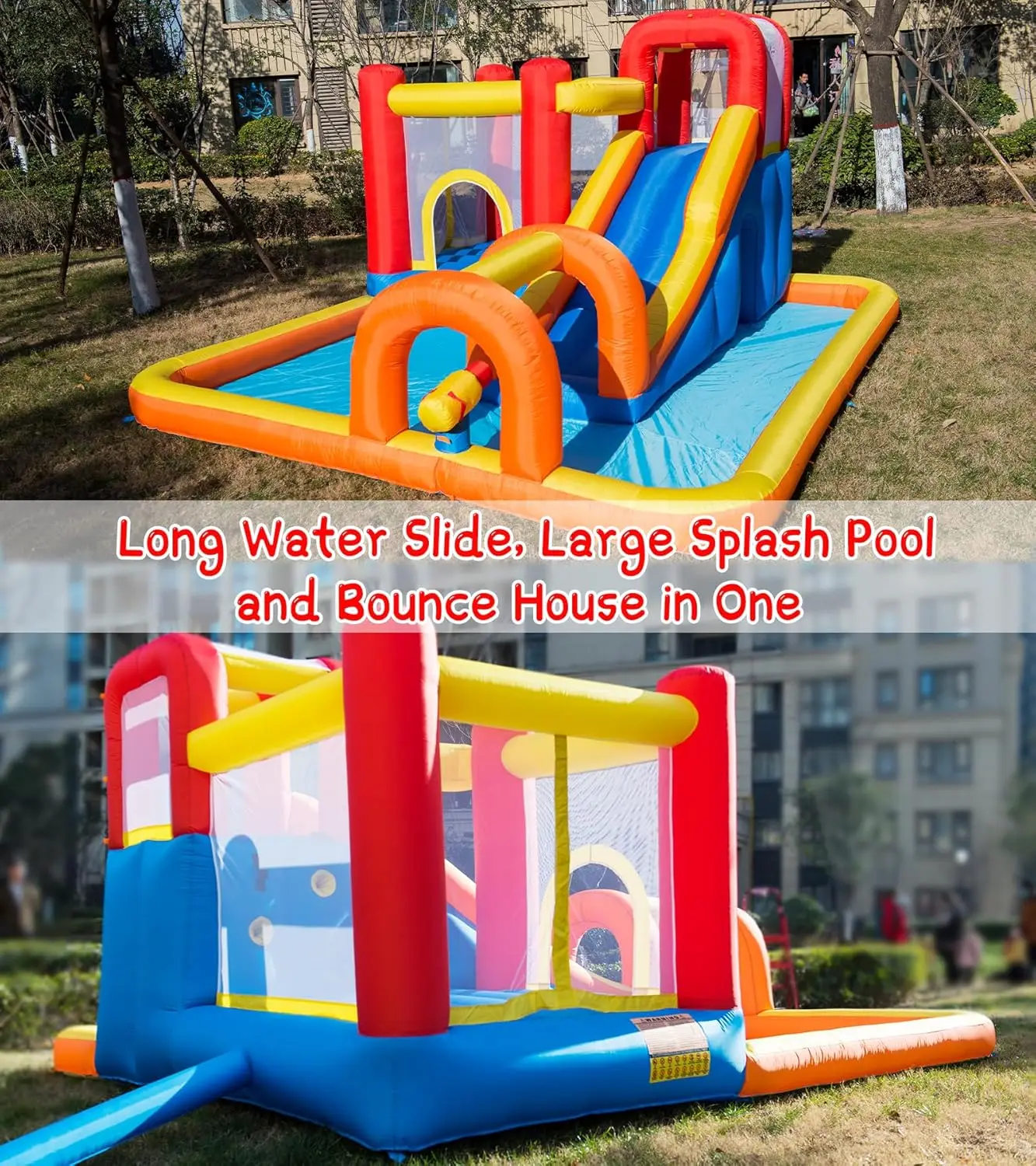 Bounce House Water Park with Long Water Slide & Large Splash Pool Fits 5 Kids, Endless Fun