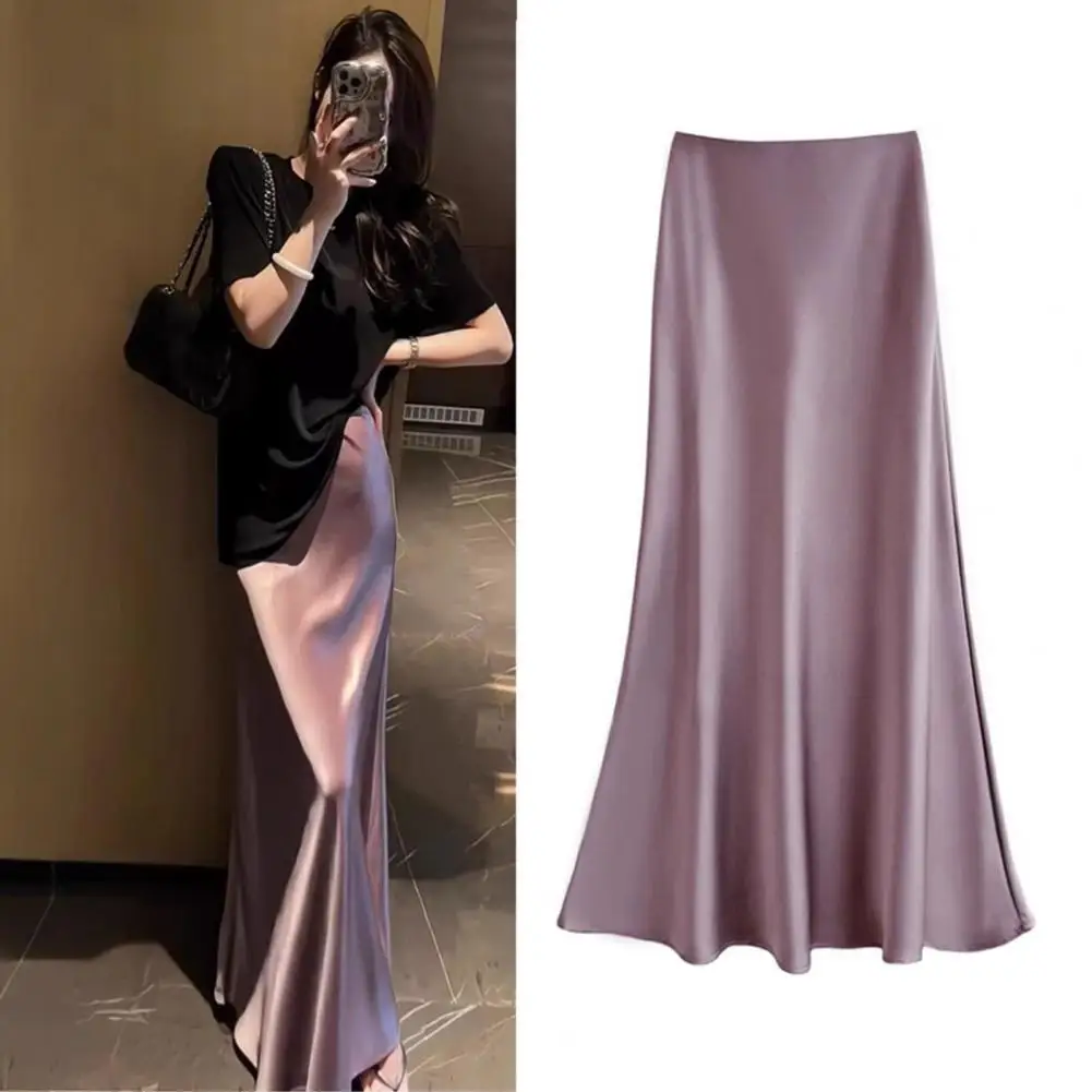 Wmoen Fishtail Skirt Women’s High-waisted Fishtail Skirt Satin-like Breathable Maxi Skirt Shiny Design for Work Leisure Wear