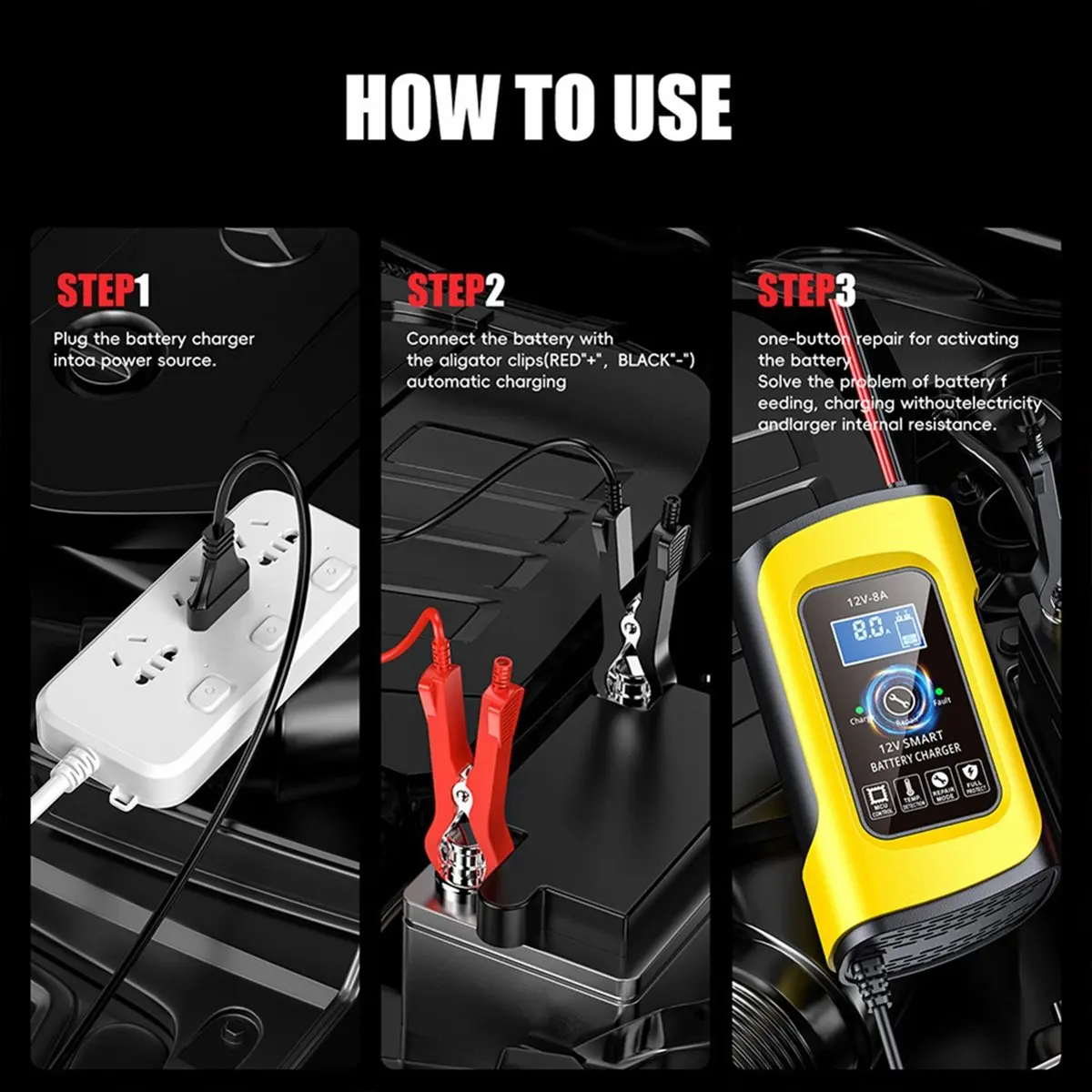 #40B (Yellow&Black)12V 8A Smart Auto Pulse Repair Charger For AGM Gel Car Motorcycle,Electronics Accessories