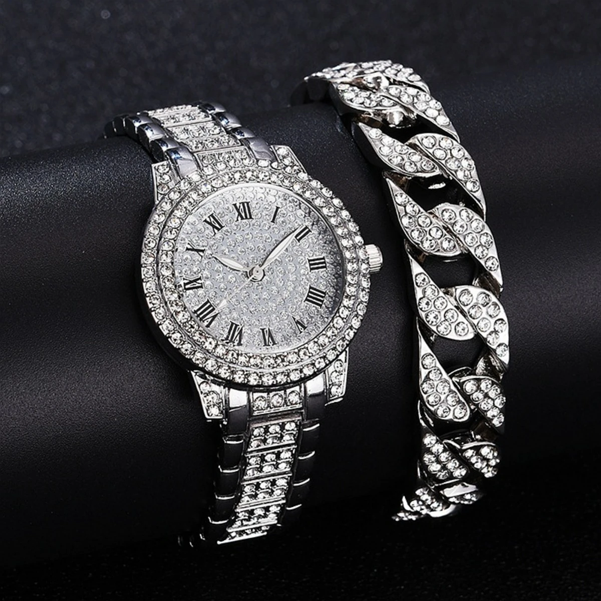 3pcs Luxury Rhinestone Quartz Watch and Jewelry Necklace Bracelet Set - Hiphop Fashion Analog Wristwatch for Women - Perfect Gif