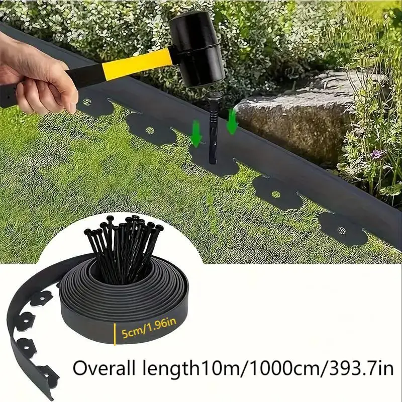 

10M Lawn Edging Border Plastic, Garden Grass Barrier with Anchoring Pegs, No Dig Easy Install Landscape DIY Garden Fence