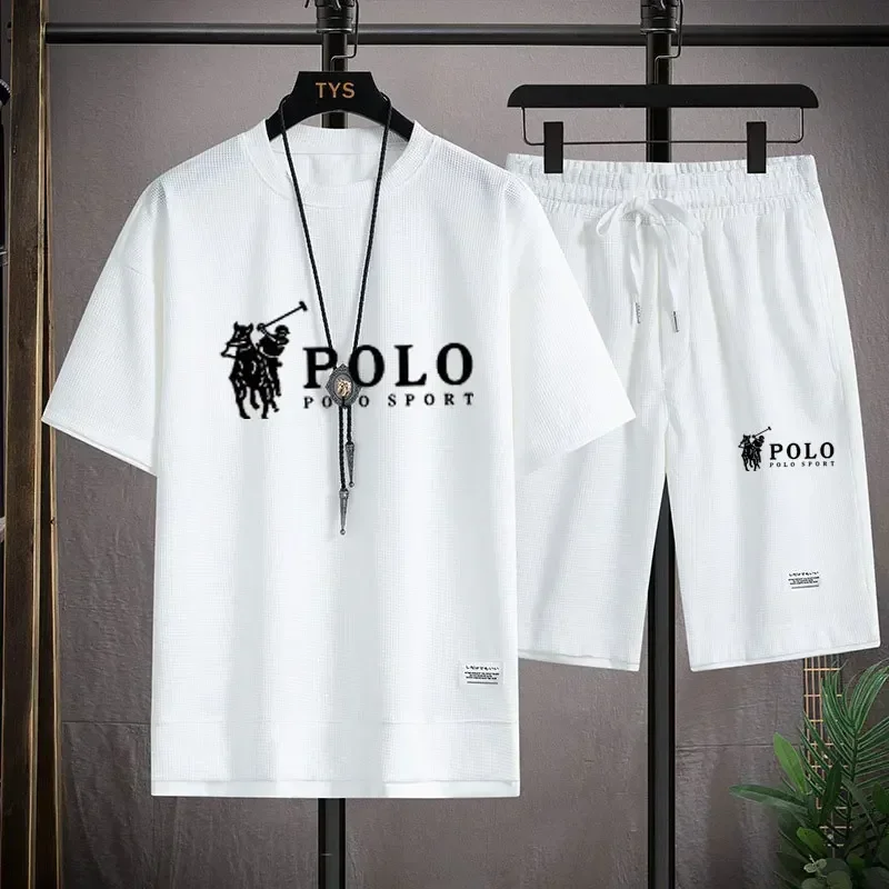 

Men's two-piece short sleeved T-shirt and sports shorts summer fashion breathable casual waffle set