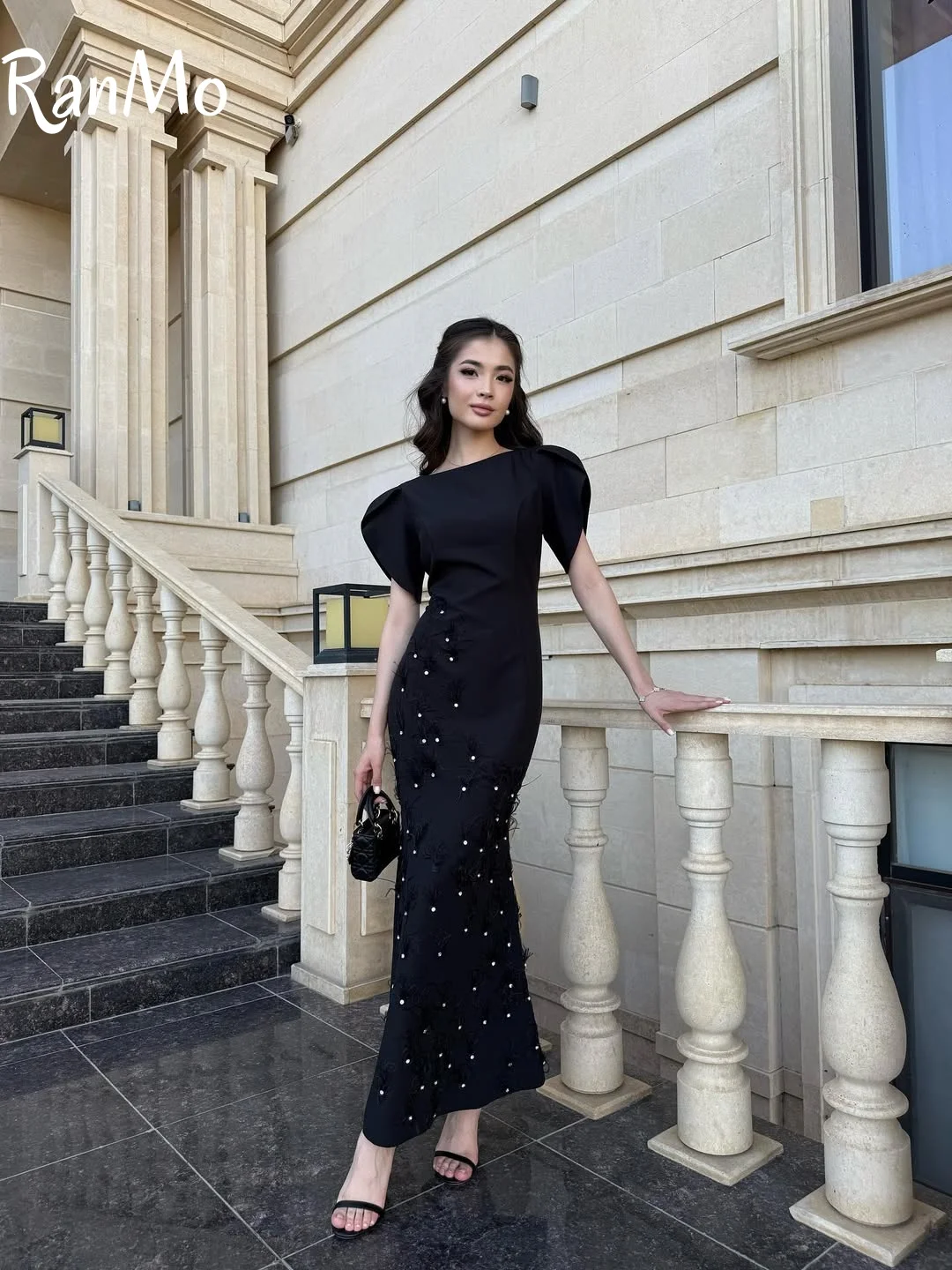 Ranmo 2025 Feather Pearl Long Dress Elegant Black Waist Mermaid Evening Dresses Beaded Slanted Shoulder Ankle Length Customsied