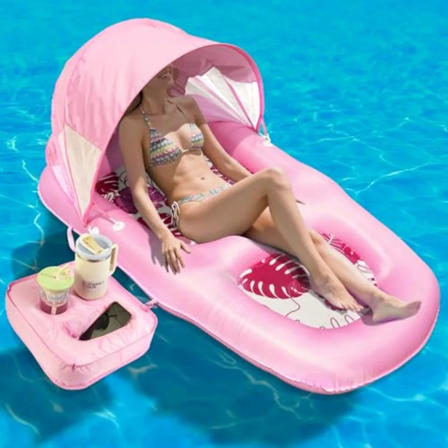 Pool Lounge Float For Adults, Fabric-Covered Inflatable Raft With UPF50+ Sunshade Canopy And Cupholder Caddy, Navy Blue, Extra
