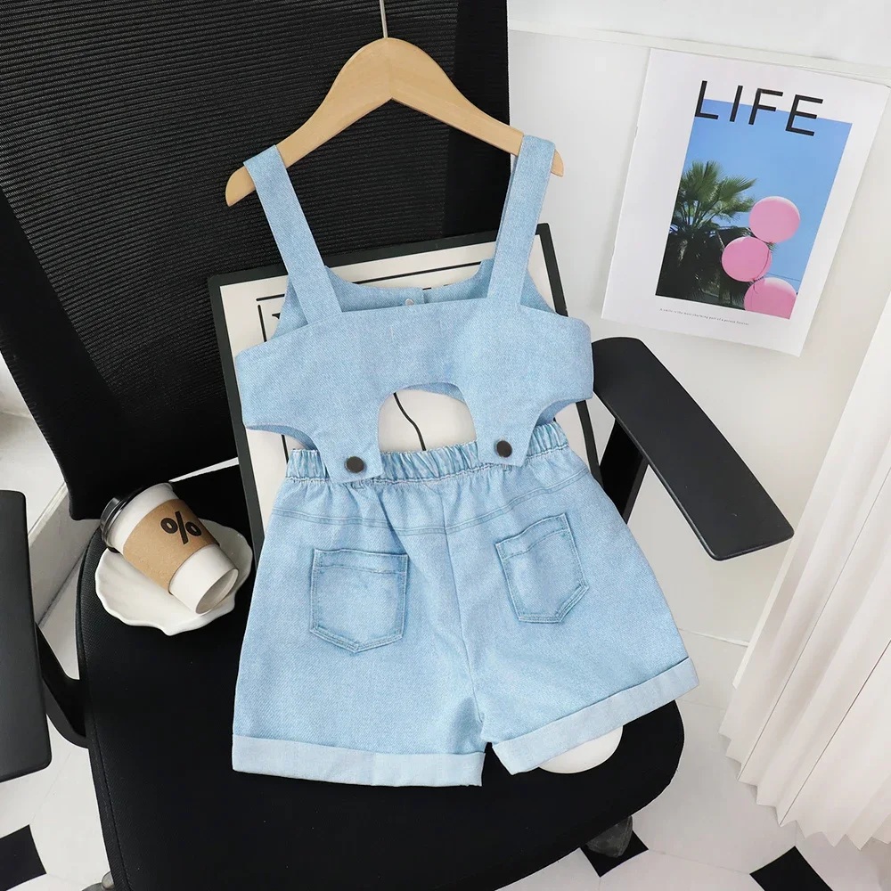 Bear Leader Girls' Summer Clothing Solid Color Imitation Jean Suspender Top+Shorts Set with Buttons Two-piece Sets Kids Clothes