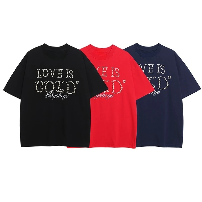 

Summer 2025 Niche pearl letter printed short-sleeved T-shirts for men and women oversized loose couple ins half-sleeved