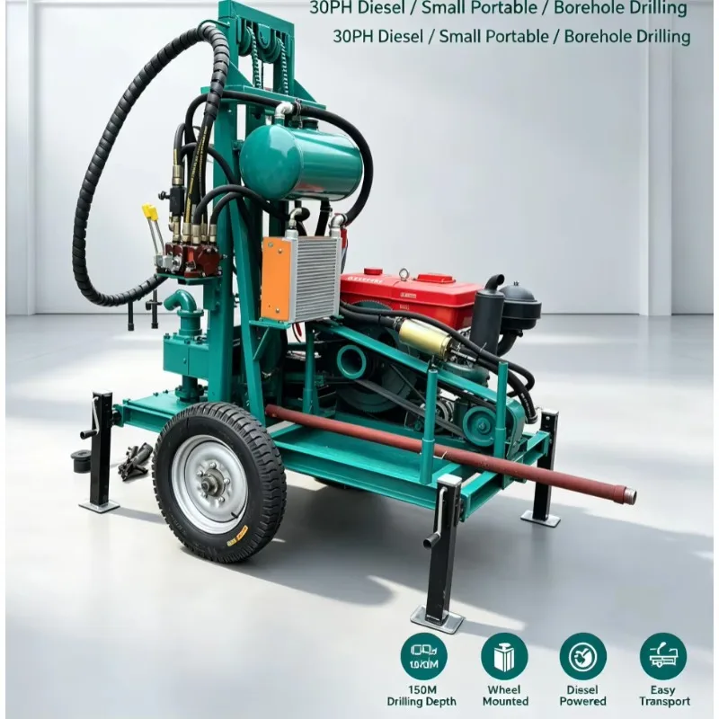 Three Wheel Diesel Rotary Automatic Water Well Drilling Rig with Engine 200m Depth 350mm Alloy Bit Portable Drilling Machine