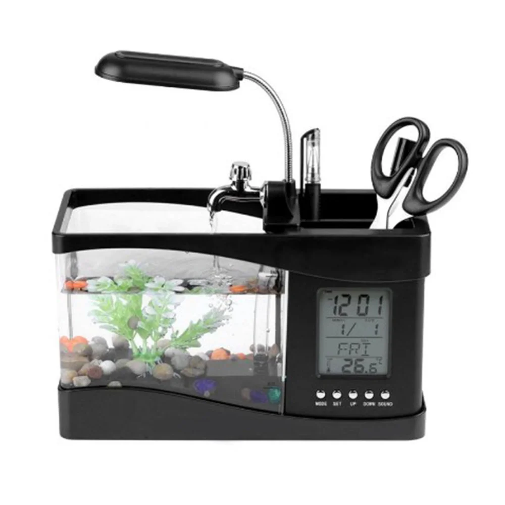 USB LED Aquarium with Clock & Pebbles - Decorative Desktop Fish Tank MJ070306, Small Display Tank for Home & Office