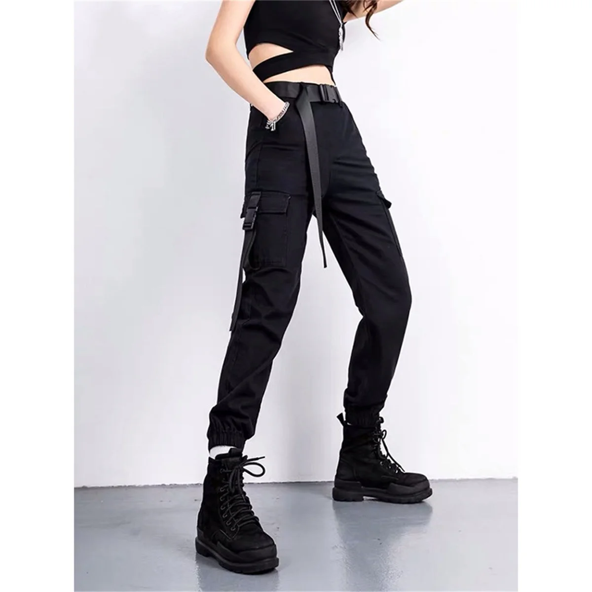 2025 pantalones Cargo de moda para mujer, pantalones de Skateboarding con bandas en el tobillo a juego de colores, pantalones de chándal negros para correr, ropa de calle para mujer