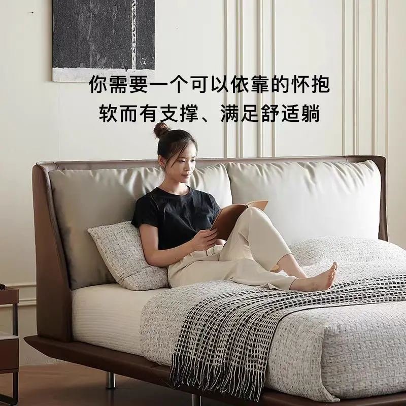 سرير جلدي إيطالي بسيط بطول 1.8 متر، سرير زواج لغرفة النوم الرئيسية، حقيبة ناعمة، مسند ظهر خفيف فاخر، مشاهير الإنترنت، راقي #3