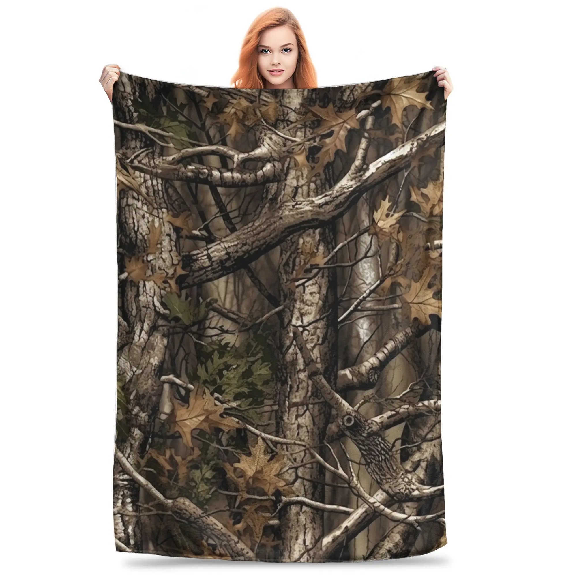 Flannel Throw Blanket Real Tree Forest Camo Camouflage Pattern Warm Plush Blankets Soft Bedspread for Bed Living Room Travel