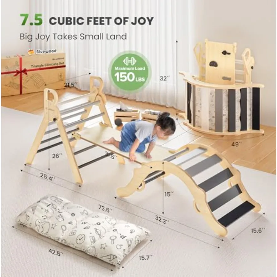 Zestaw Trójkąt Pikler z Poduszką 8-w-1 Zabawki do Wspinaczki dla Maluchów Filozofia Montessori Zabawa w Jungle Gym z Łukiem, Rampą i Drabinką