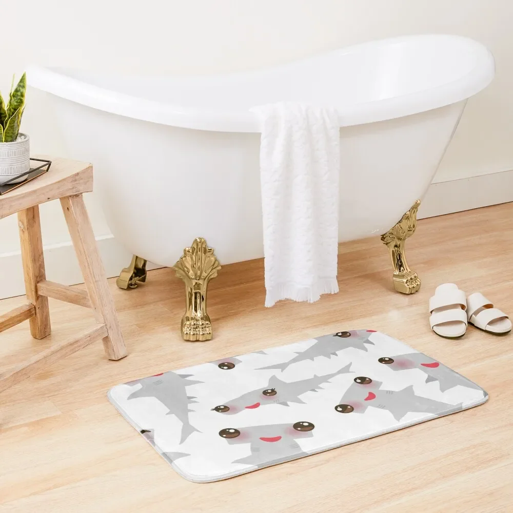 

Hammerhead Sharks Seamless pattern Cartoon gray Smooth hammerhead Winghead shark Kawaii with pink cheeks and winking ey Bath Mat