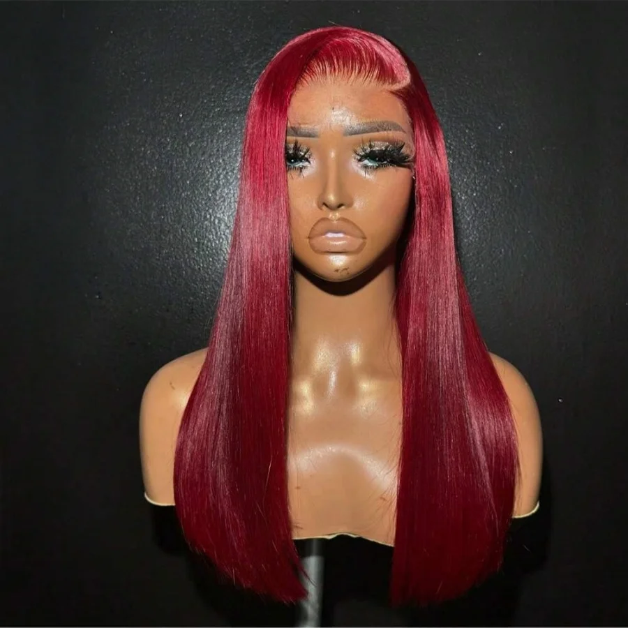 200% 99J Borgoña 13x4 Hd pelucas de cabello humano Frontal de encaje transparente vino tinto 99J pelucas rectas de colores prearrancadas con pelo de bebé