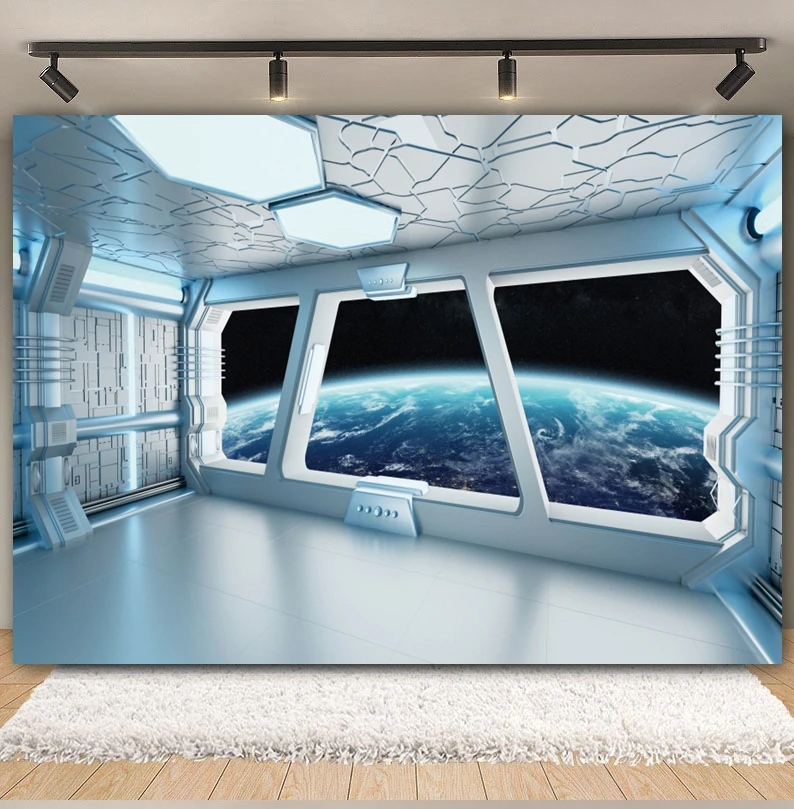 Spaceship Interior Backdrop Universe Space Spacecraft Window Planet Earth Exploration Science Photography Background Photo Props