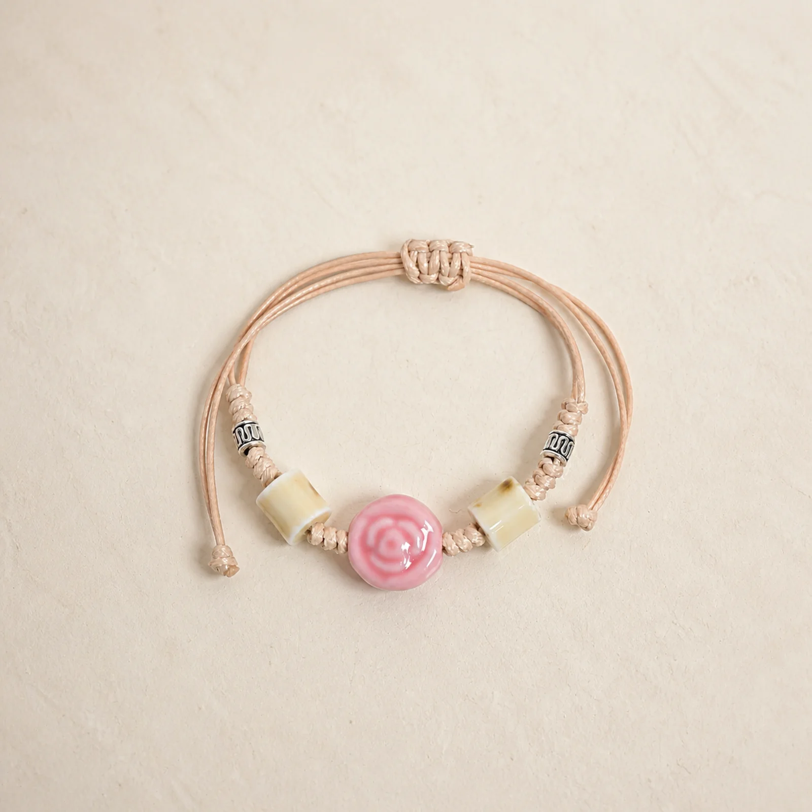 Handmade Pink Rose Ceramic Bracelet with Waxed Cord Braided Adjustable Metal Accent Handcrafted Jewelry Y260729-02