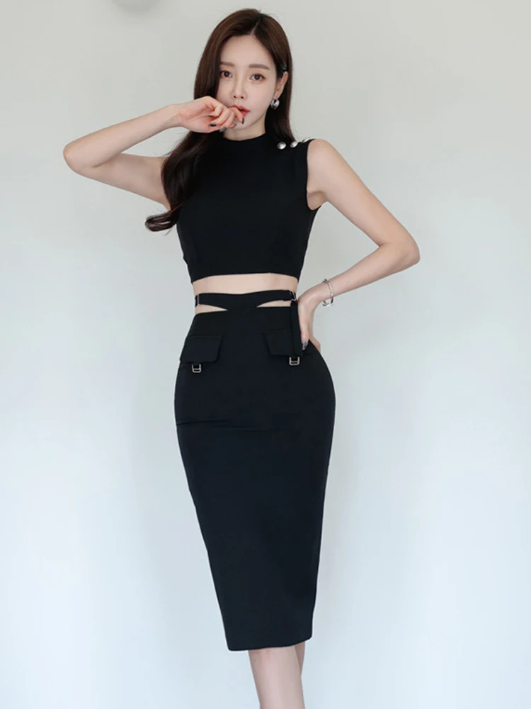 Moda verão preto 2 peças roupas femininas elegante recortado curto topos camisa blusa e cintura alta midi saia mujer conjunto