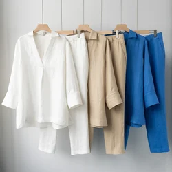 L*P Women's Pants Suit Linen Long Sleeves Blouse Shirt + High Waist Trousers 2 Piece Set Wide Leg Pants Woman Clothing