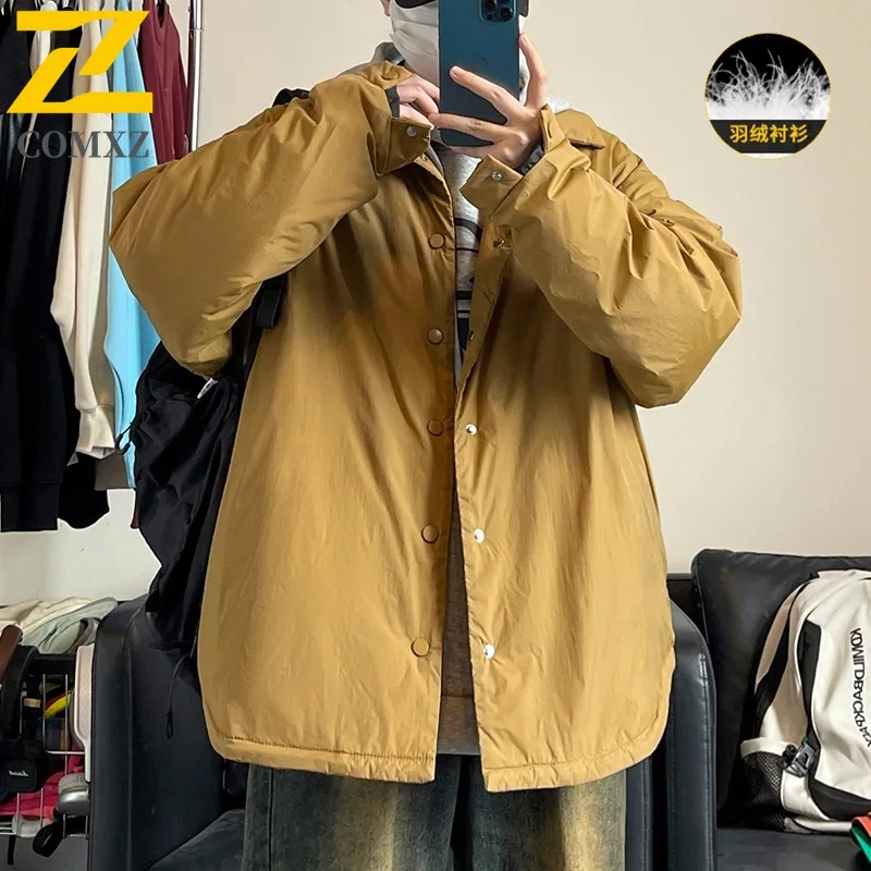 COMXZ Short Down Jacket Men Shirt Collar Design Hiking Travel Windproof Parka Single Breasted Design Lightweight Winter Coat