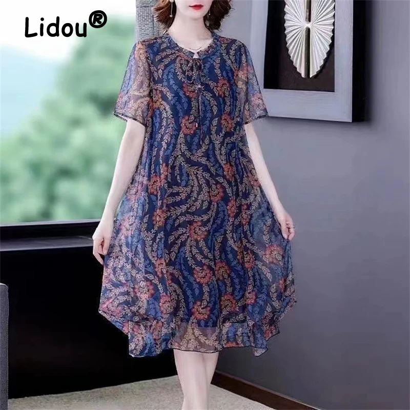 

2022 New Summer Women Short Sleeve Midi Dress Female Vintage Bow V Neck Summer Flower Printed Chiffon Gauze 5XL Dresses Vestidos