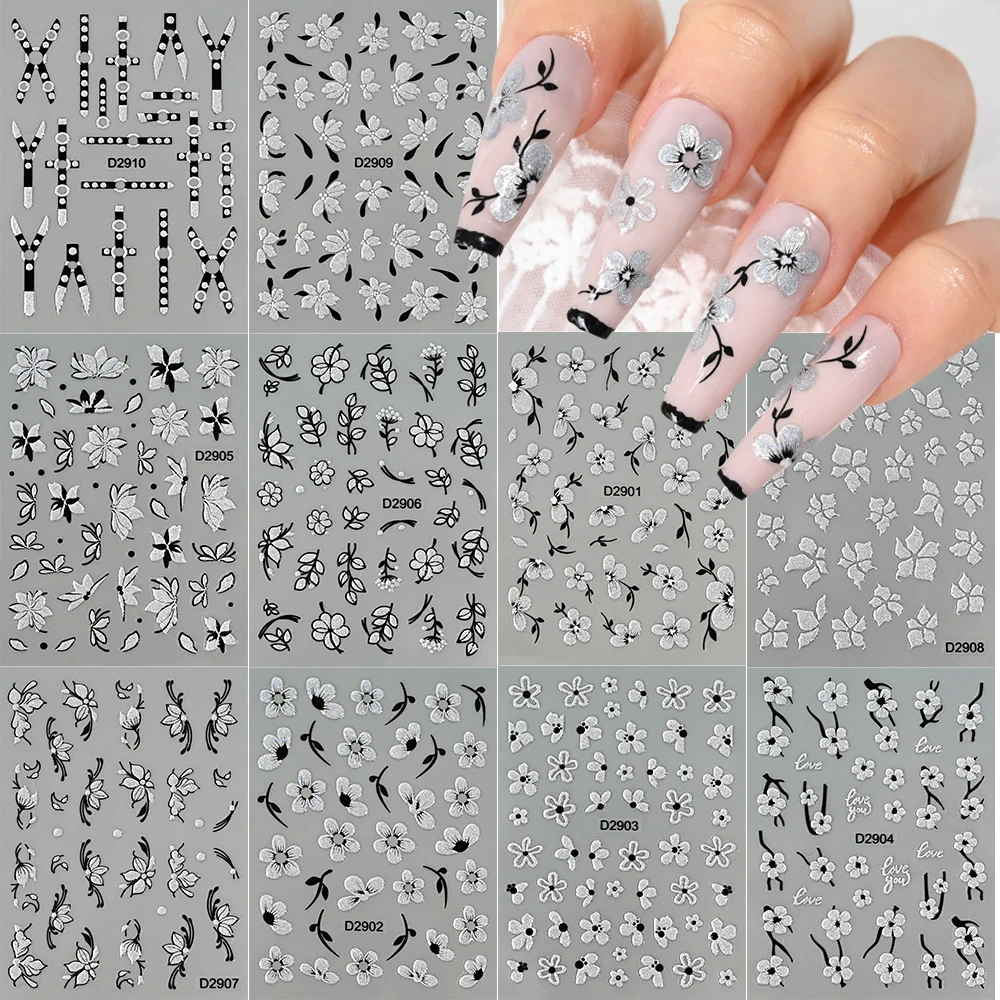 10 pçs 5d alívio laser glitter flor etiqueta da arte do prego flor de ameixa folha em relevo auto adesivo sliders gravados decalques manicure