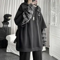 Oversized Women Hoodie Plaid Sleeve Patchwork Sweatshirt Fake Two Long Sleeve Pullovers Tops Female Hoodies Unisex Streetwear