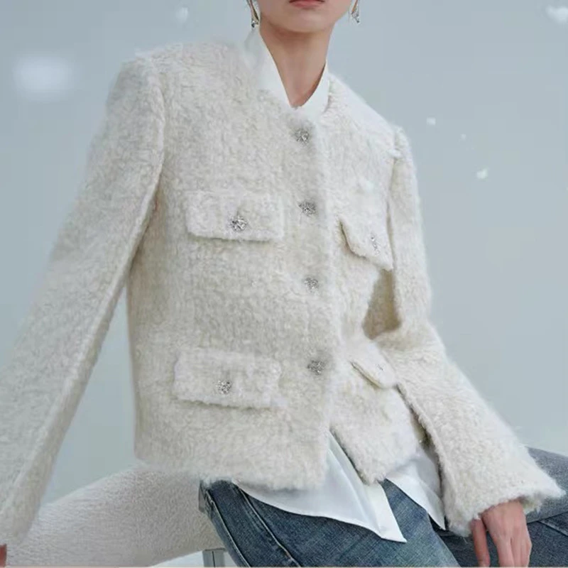 Chaqueta de lana de cordero blanca para mujer, abrigo de piel Real cálido de Mohair Vintage, ropa de botonadura única para mujer, otoño e invierno,