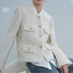 Chaqueta de lana de cordero blanca para mujer, abrigo de piel Real cálido de Mohair Vintage, ropa de botonadura única para mujer, otoño e invierno, nuevo