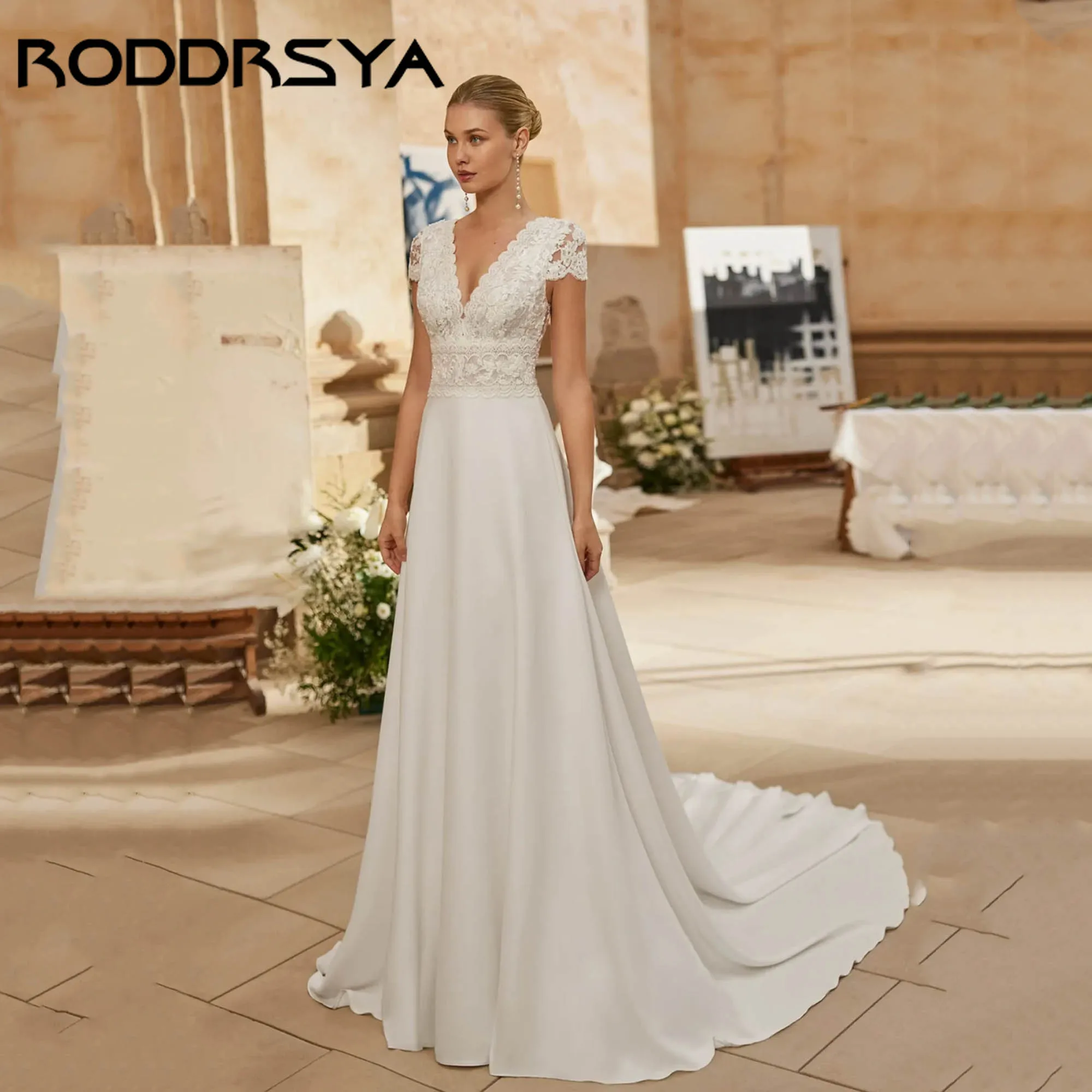

RODDRSYA Satin Lace Bridal Dresses Classic A-line V-neck Wedding Gowns Short Sleeves Illusion Back vestidos de novia Customized