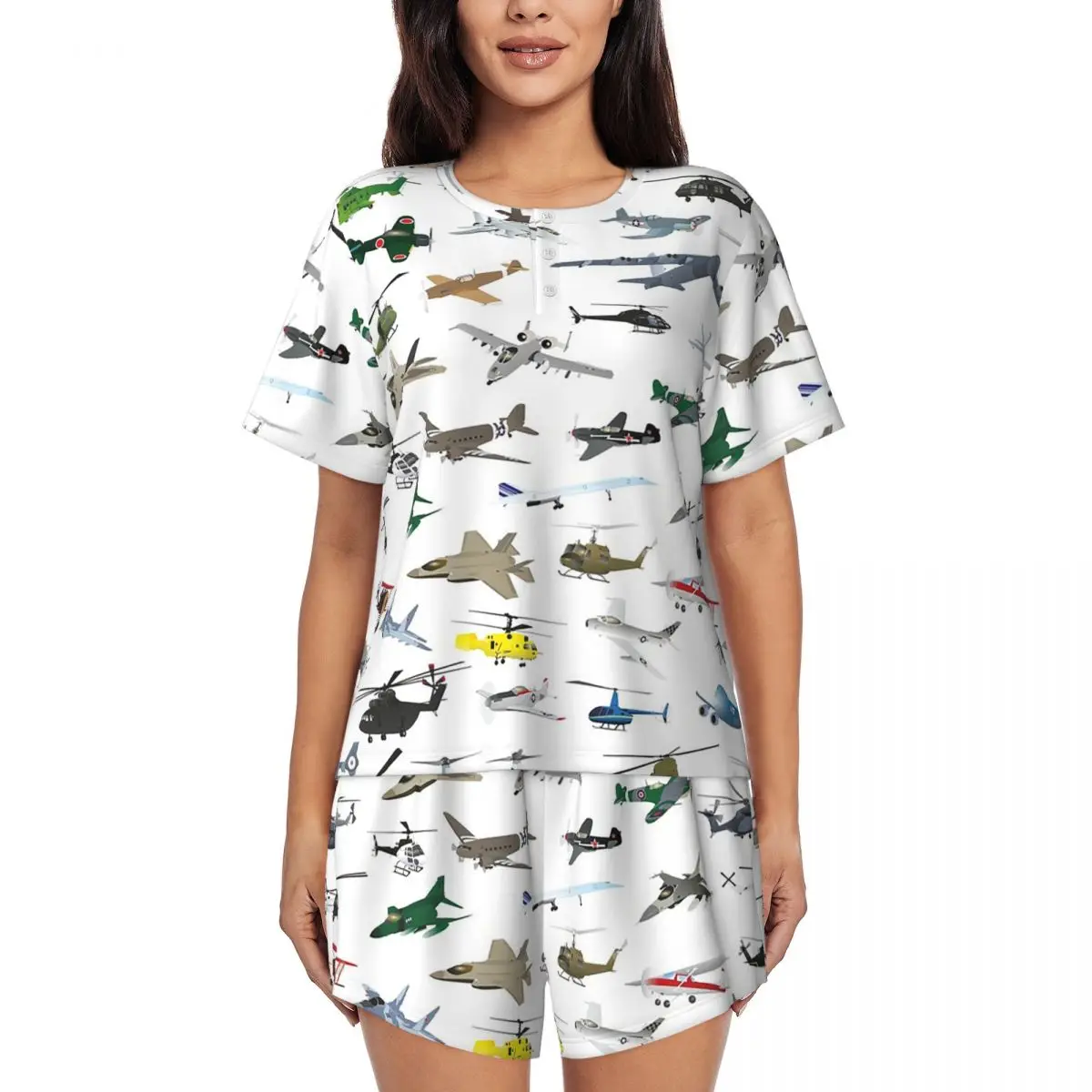 

Разноцветные пижамы с принтом самолетов и вертолетов, с круглым вырезом, короткими рукавами и шортами, для женщин, свободный крой
