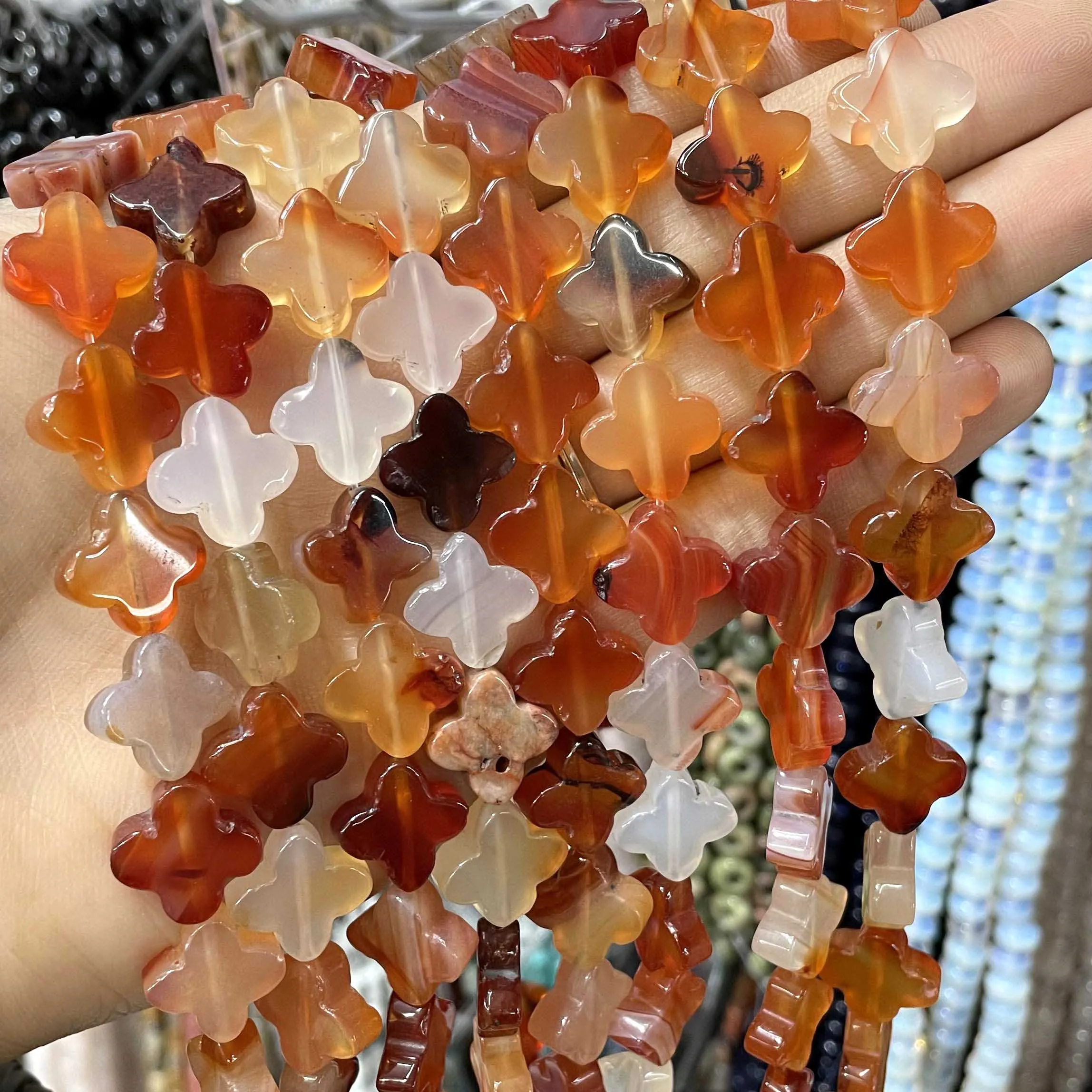 14MM Clover Shape Natural Stone Agates Quartzs Jaspers Spacer Loose Beads For Jewelry Making DIY Bracelet Necklace Accessories