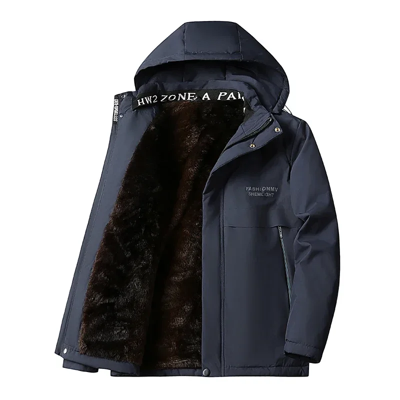 

Winter Men's Fleece Lined Padded Parka Waterproof Windproof Jacket Autumn Winter Thickened Fleece Cold Proof Hooded Overcoat Men