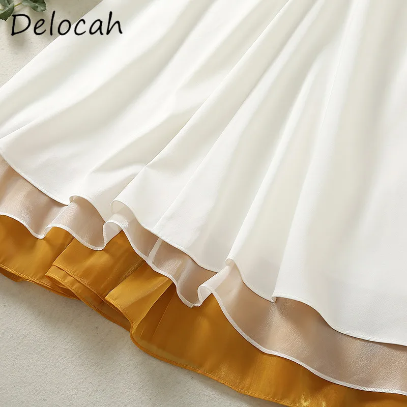 Deloach primavera/verão moda feminina gola três camadas de fio de apoio cor contrastante manga curta cinto vestido fino ajuste