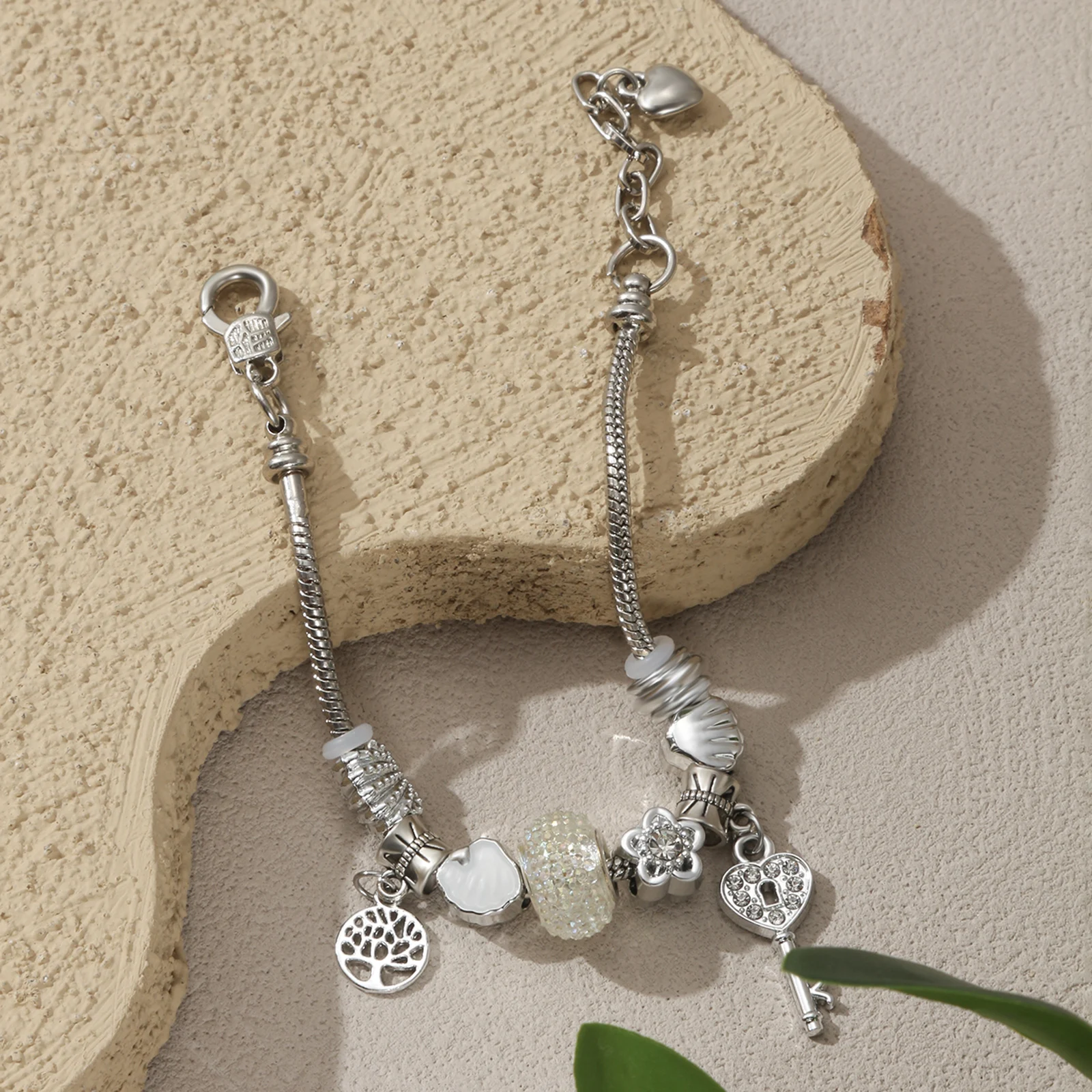 

Silver Tone Charm Bracelet with Life Tree and Key Pendant for Women
