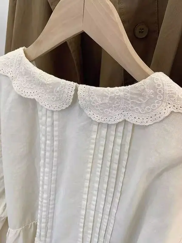 Plus Size Dames Irt Geborduurd Kant Uitgehold Lange Sve Princ Kraag Lente Herfst Loose Fit Afslanken Casual Top