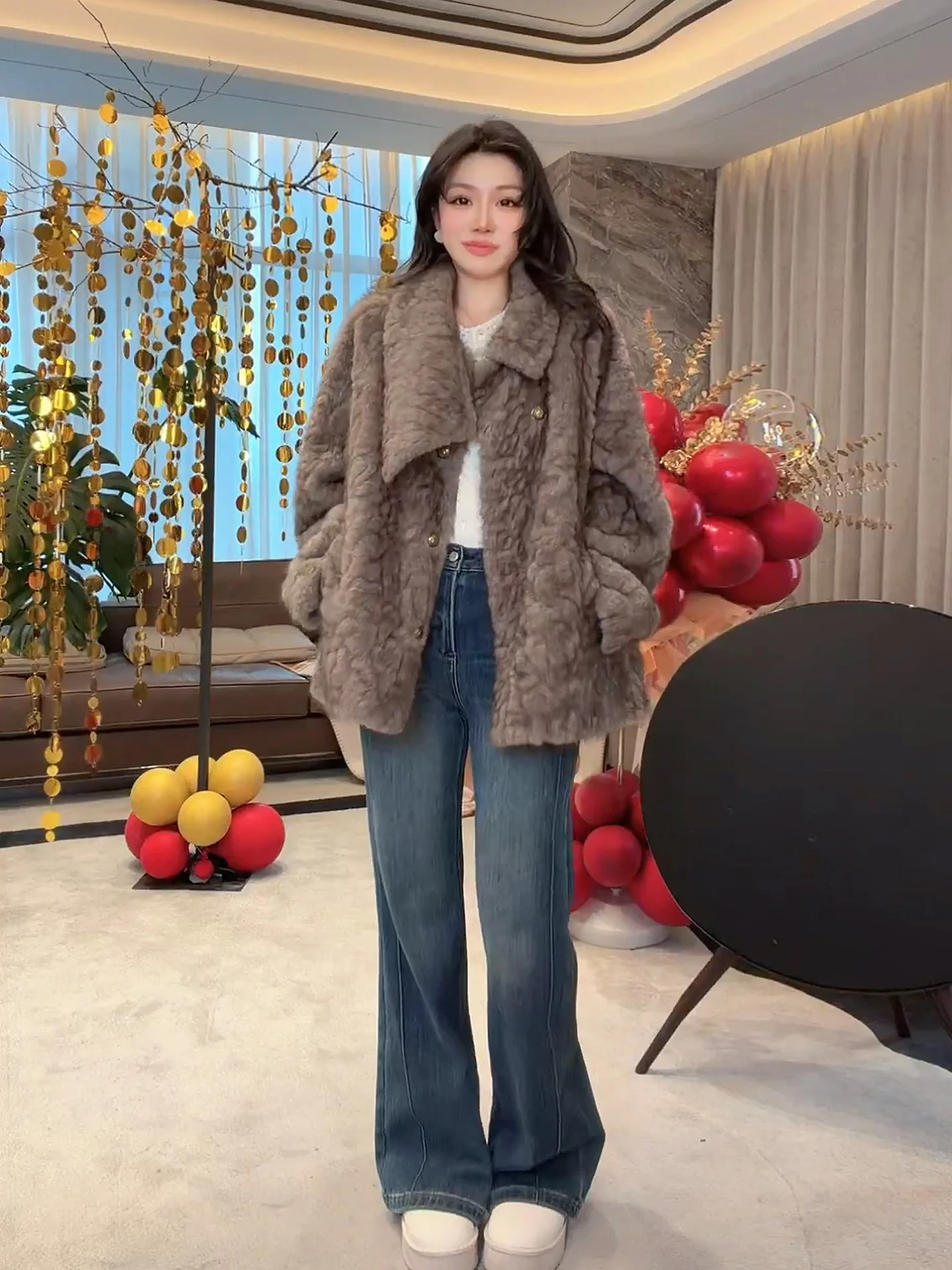 

Warm Faionable Loose Slimming Faux Fur Jaet by Laoyang Casual Sle High Densi Polyester Fiber Long Sve Zipper Closure